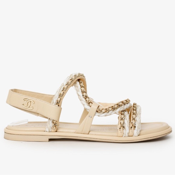 CHANEL 2022 Lambskin Gladiator Beige Sandals Size 37.5